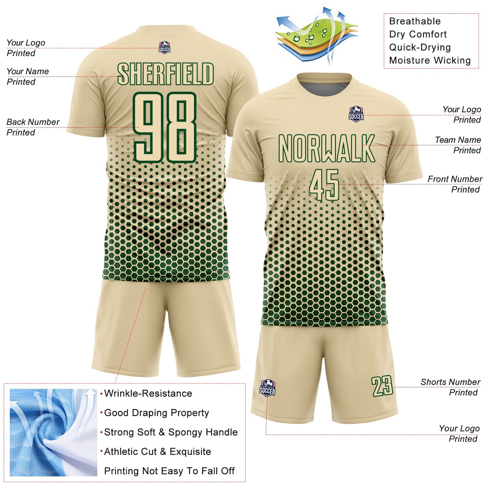 Custom Cream-Green Geometric Hexagonal Dot Gradient Sublimation Soccer Uniform Jersey view 4