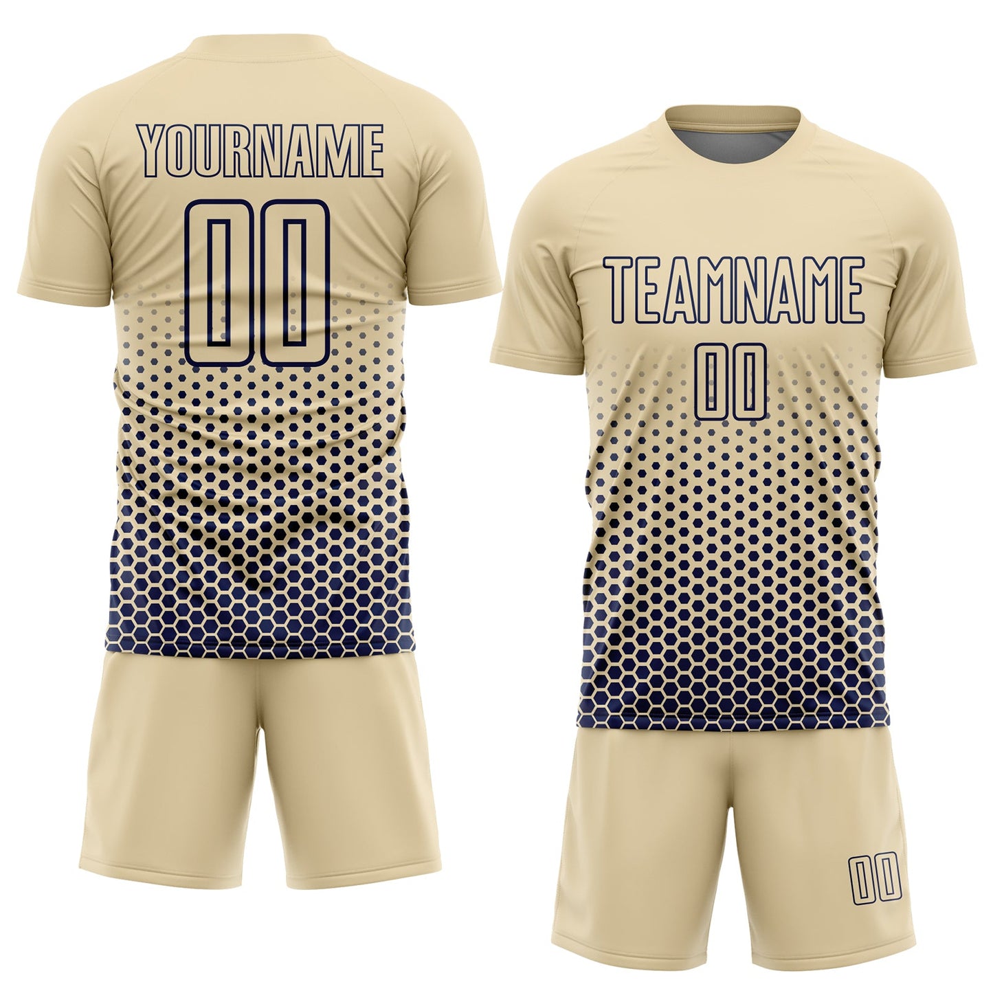 Custom Cream-Navy Geometric Hexagonal Dot Gradient Sublimation Soccer Uniform Jersey view 2