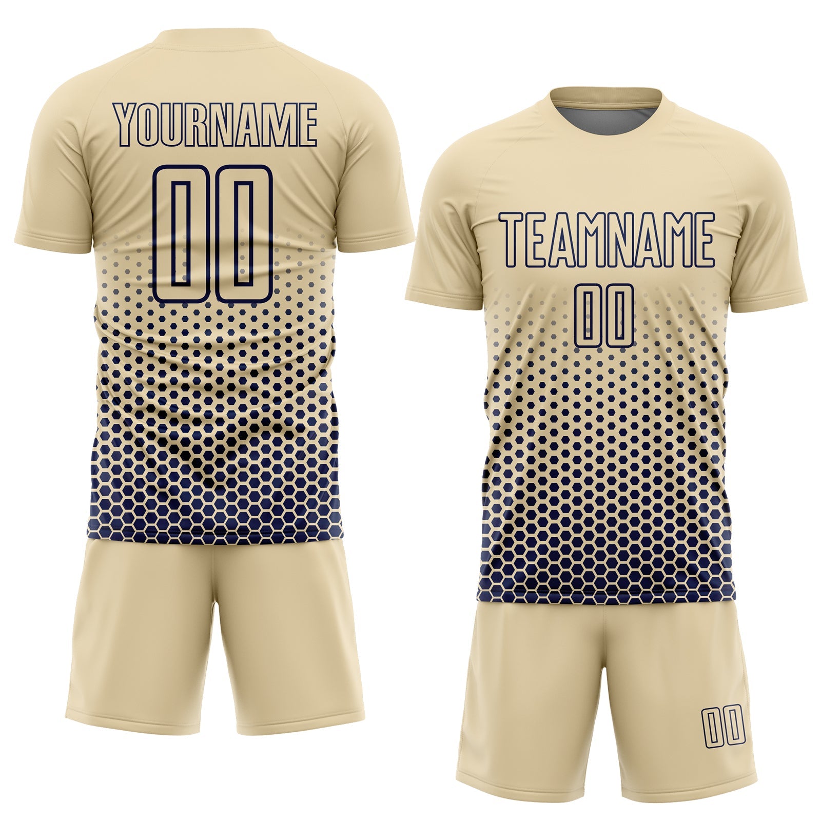 Custom Cream-Navy Geometric Hexagonal Dot Gradient Sublimation Soccer Uniform Jersey view 2