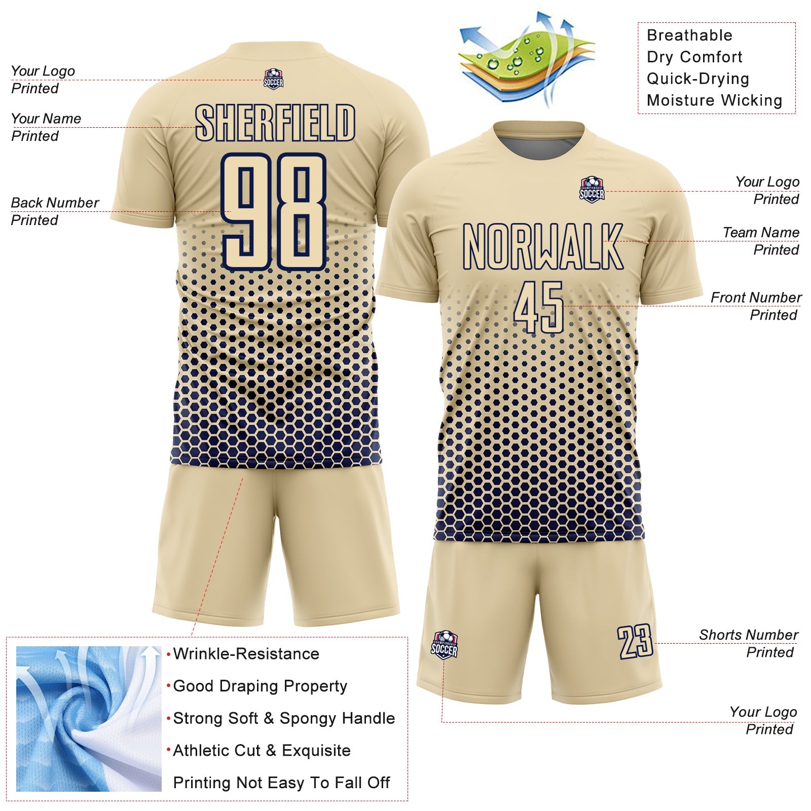 Custom Cream-Navy Geometric Hexagonal Dot Gradient Sublimation Soccer Uniform Jersey view 4
