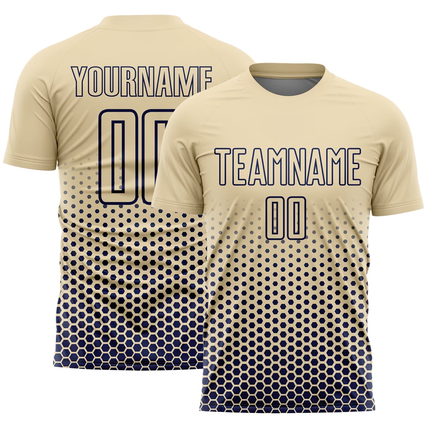 Custom Cream-Navy Geometric Hexagonal Dot Gradient Sublimation Soccer Uniform Jersey - Main View