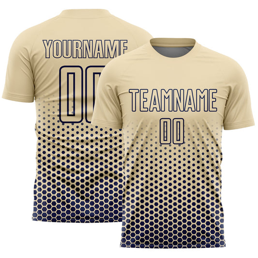 Custom Cream-Navy Geometric Hexagonal Dot Gradient Sublimation Soccer Uniform Jersey - Main View