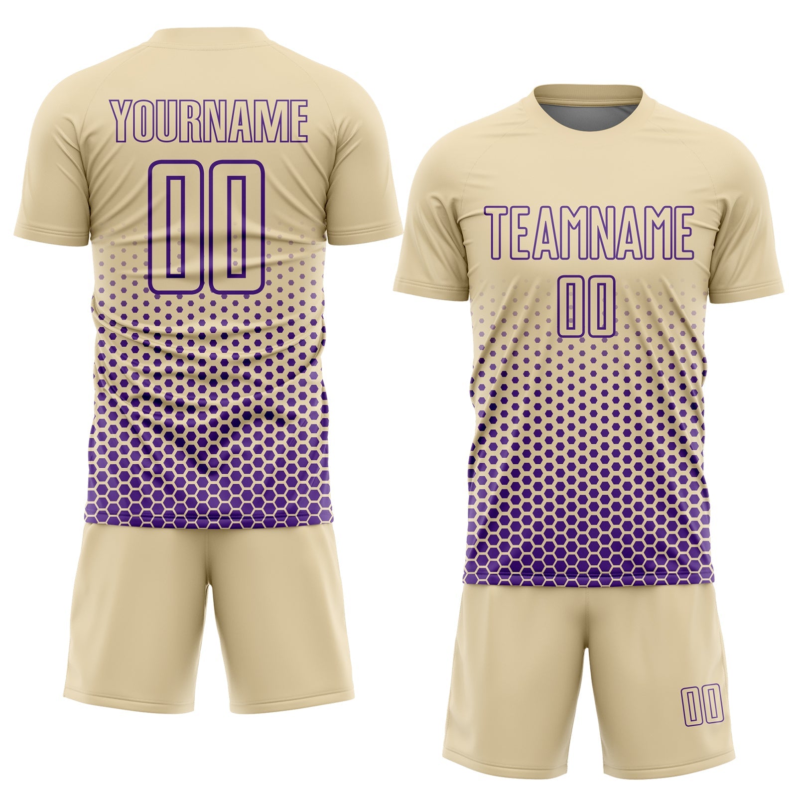 Custom Cream-Purple Geometric Hexagonal Dot Gradient Sublimation Soccer Uniform Jersey view 2