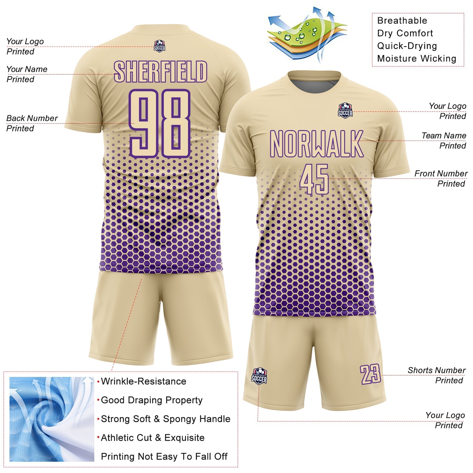 Custom Cream-Purple Geometric Hexagonal Dot Gradient Sublimation Soccer Uniform Jersey view 4