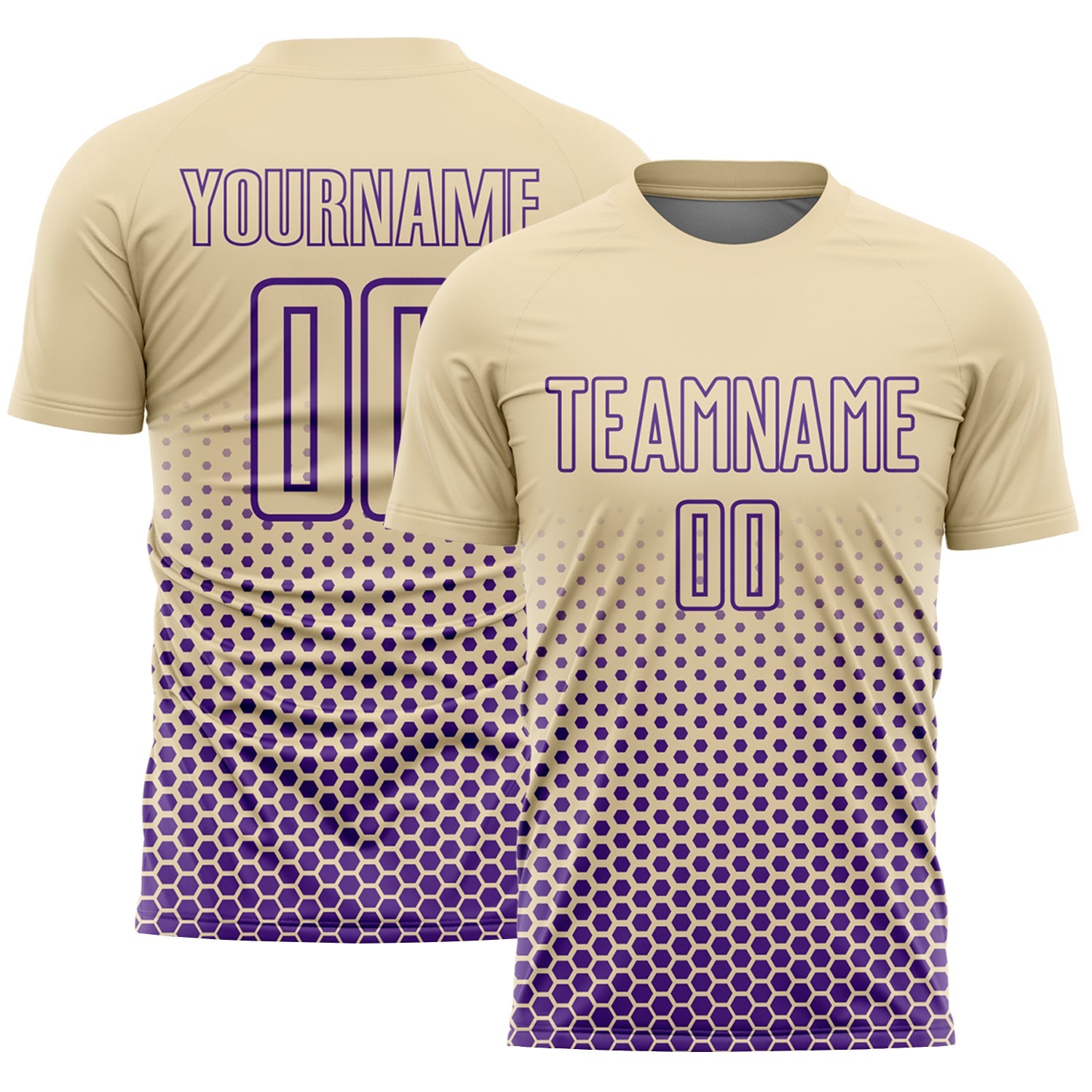 Custom Cream-Purple Geometric Hexagonal Dot Gradient Sublimation Soccer Uniform Jersey - Main View