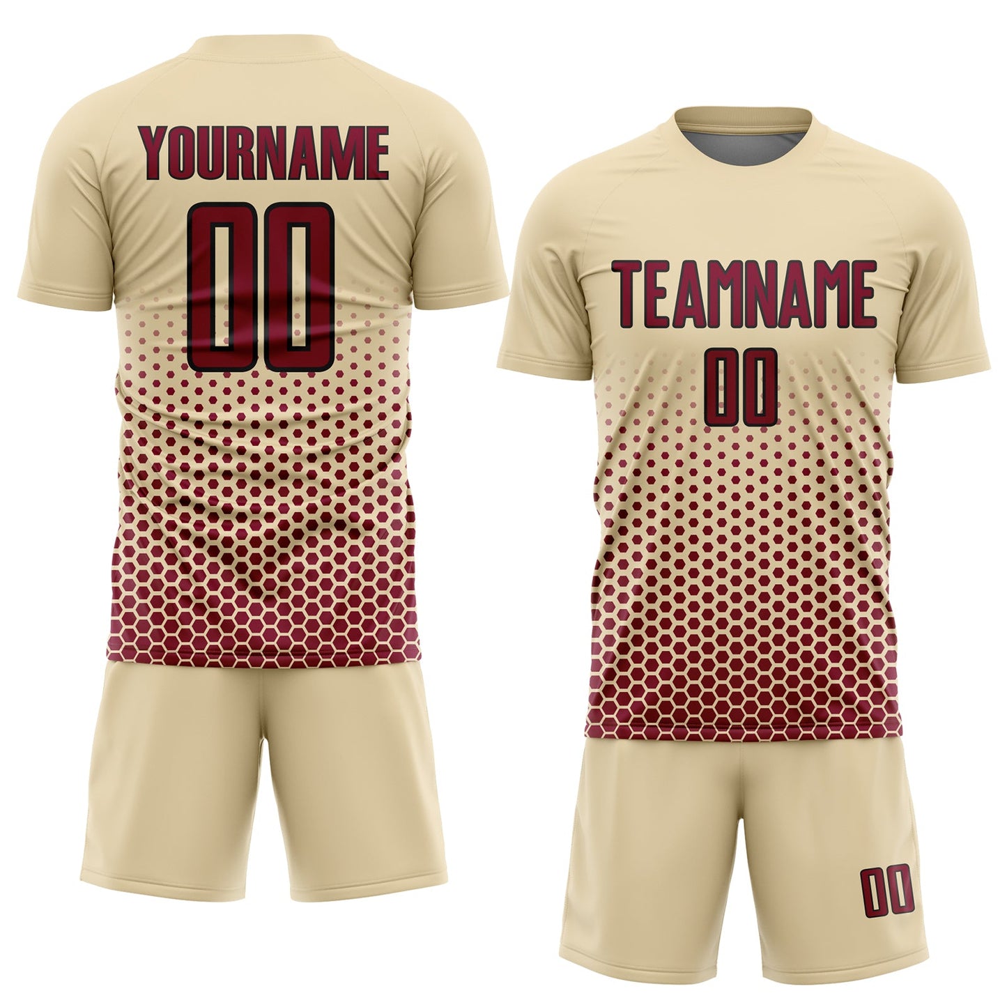 Custom Cream Maroon-Black Geometric Hexagonal Dot Gradient Sublimation Soccer Uniform Jersey view 2