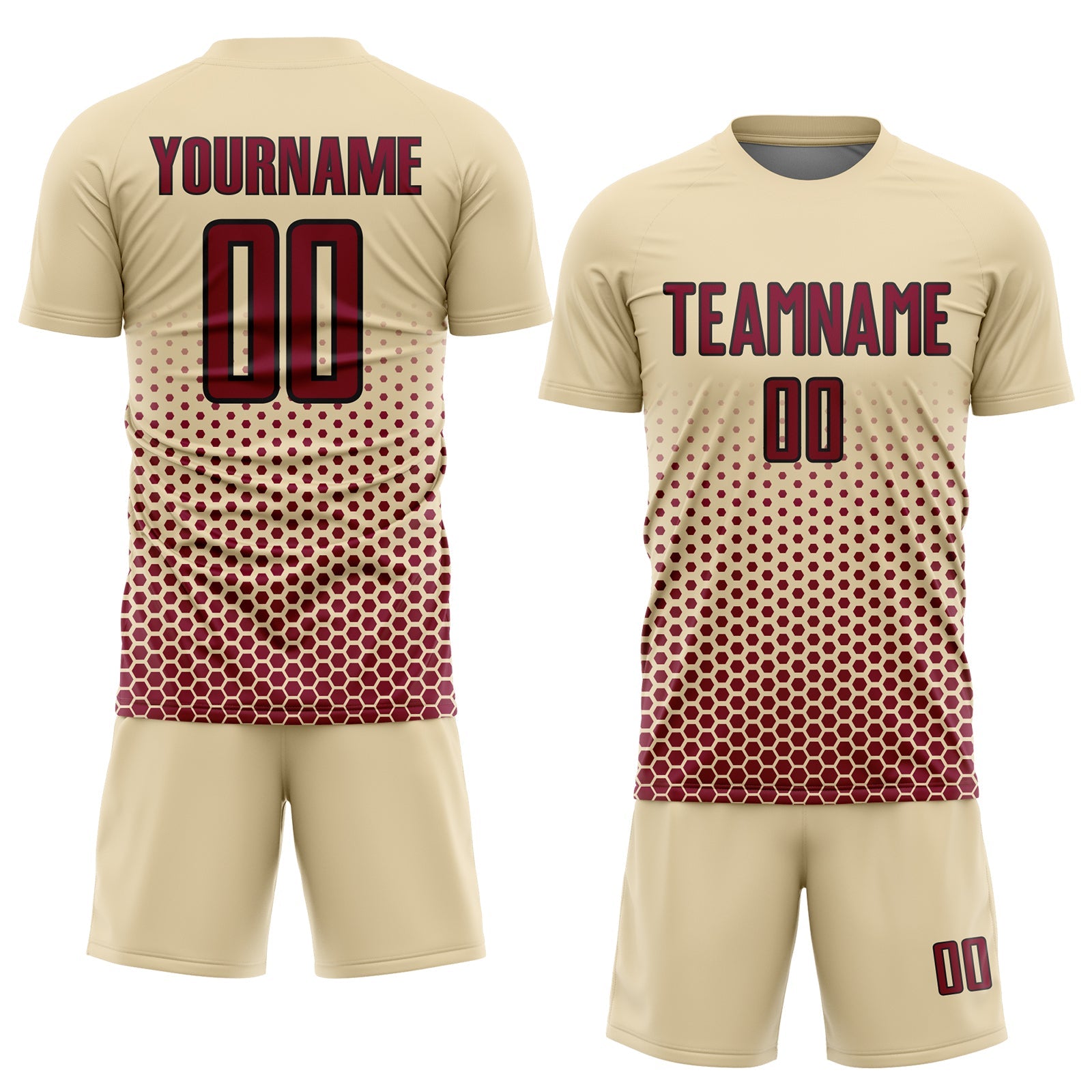 Custom Cream Maroon-Black Geometric Hexagonal Dot Gradient Sublimation Soccer Uniform Jersey view 2