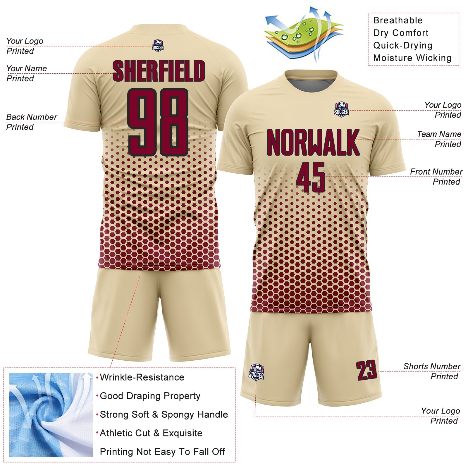 Custom Cream Maroon-Black Geometric Hexagonal Dot Gradient Sublimation Soccer Uniform Jersey view 4