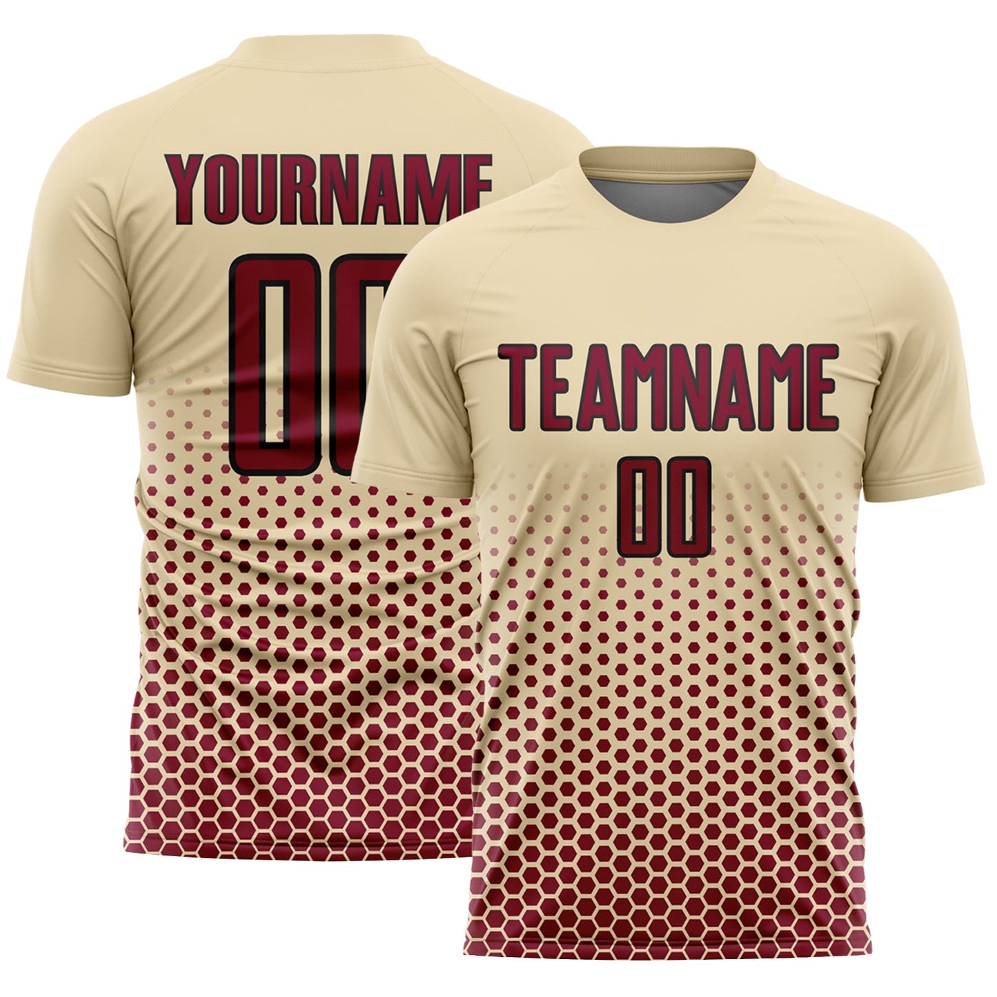 Custom Cream Maroon-Black Geometric Hexagonal Dot Gradient Sublimation Soccer Uniform Jersey - Main View