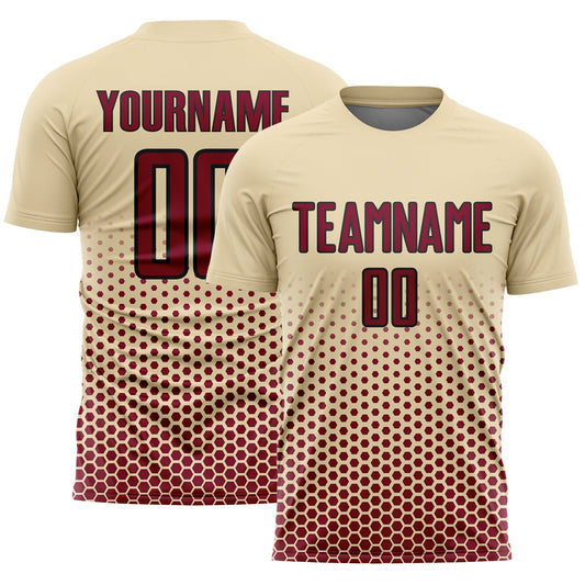 Custom Cream Maroon-Black Geometric Hexagonal Dot Gradient Sublimation Soccer Uniform Jersey - Main View