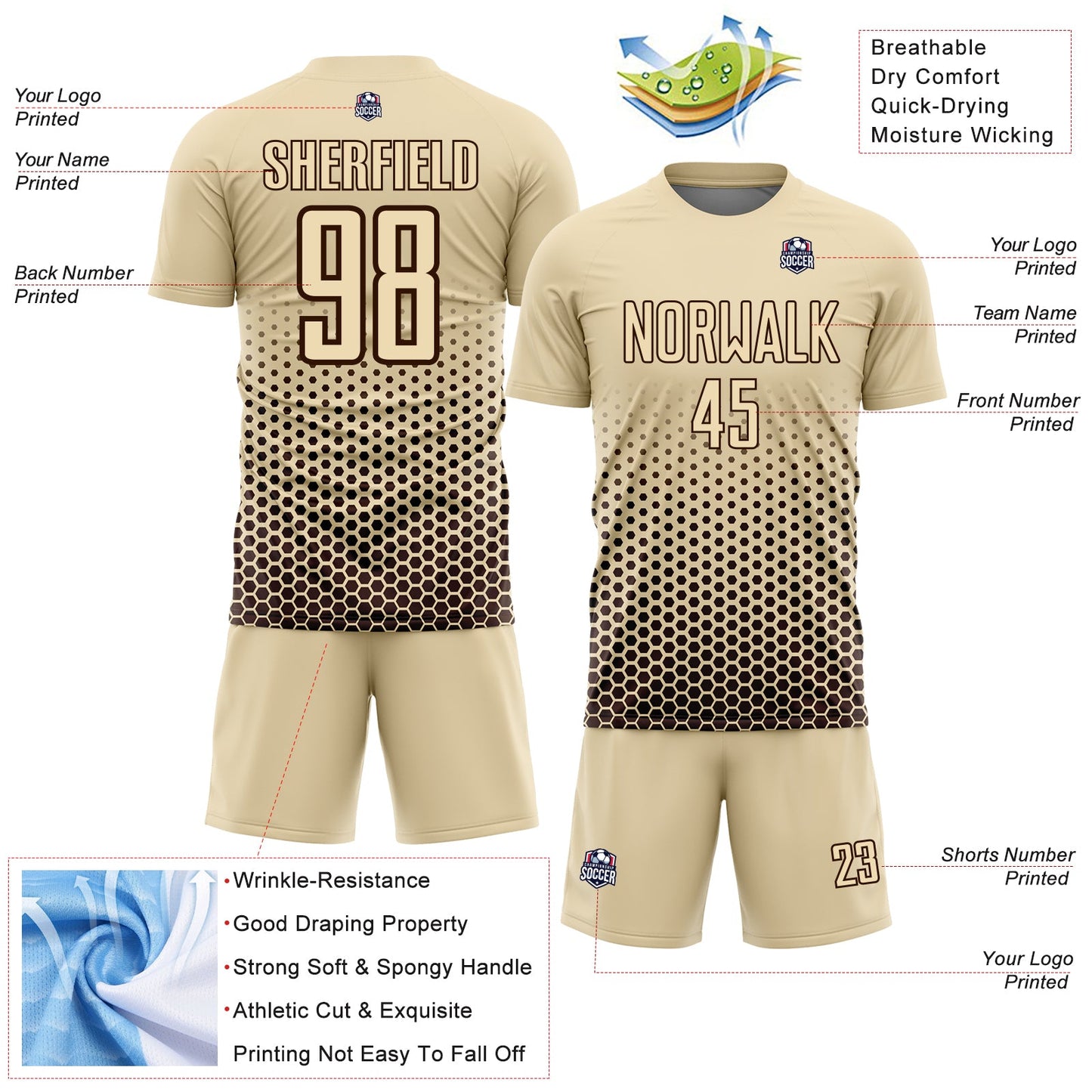 Custom Cream-Brown Geometric Hexagonal Dot Gradient Sublimation Soccer Uniform Jersey view 4