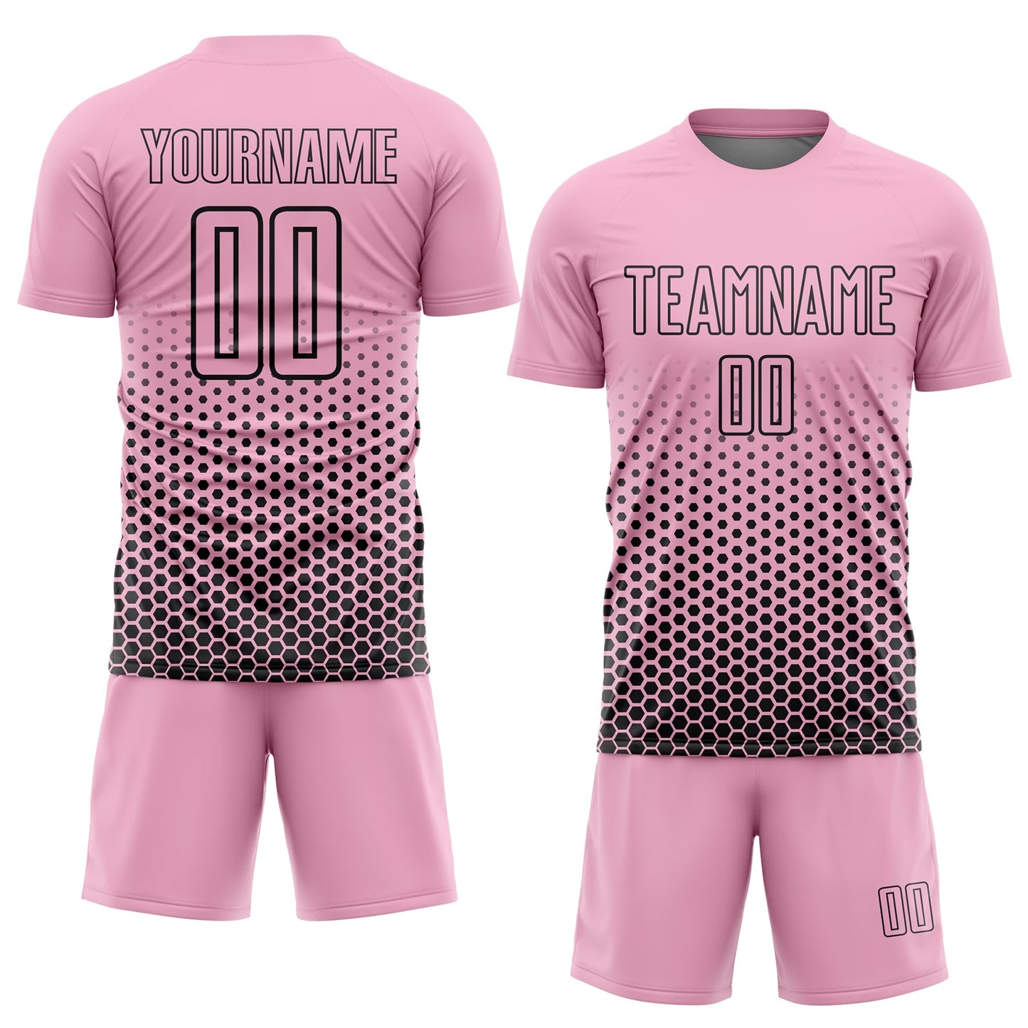 Custom Light Pink-Black Geometric Hexagonal Dot Gradient Sublimation Soccer Uniform Jersey view 2