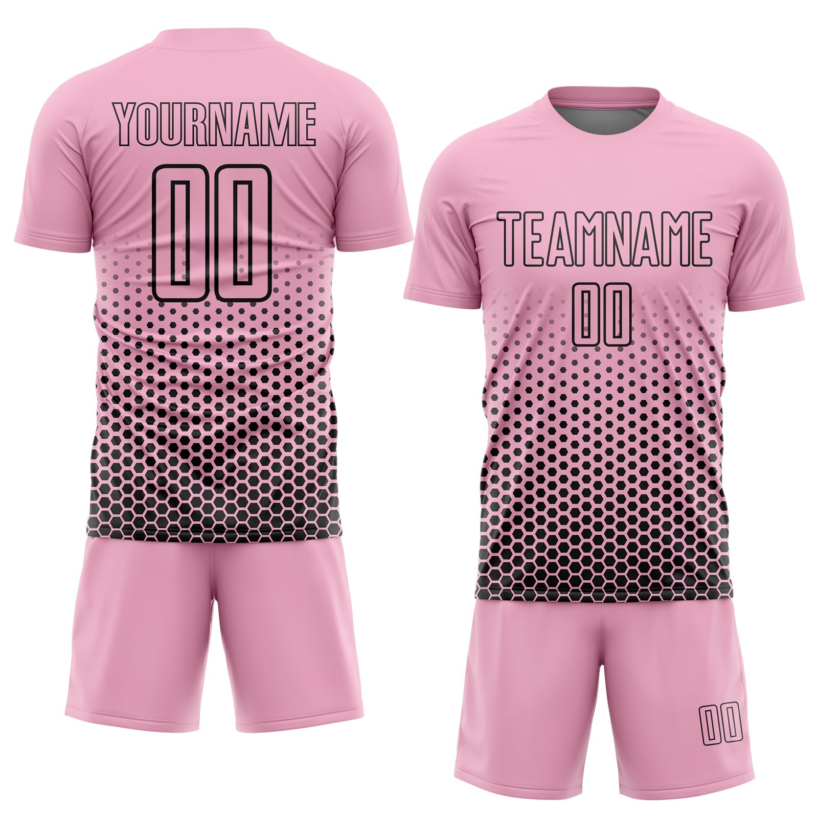 Custom Light Pink-Black Geometric Hexagonal Dot Gradient Sublimation Soccer Uniform Jersey view 2