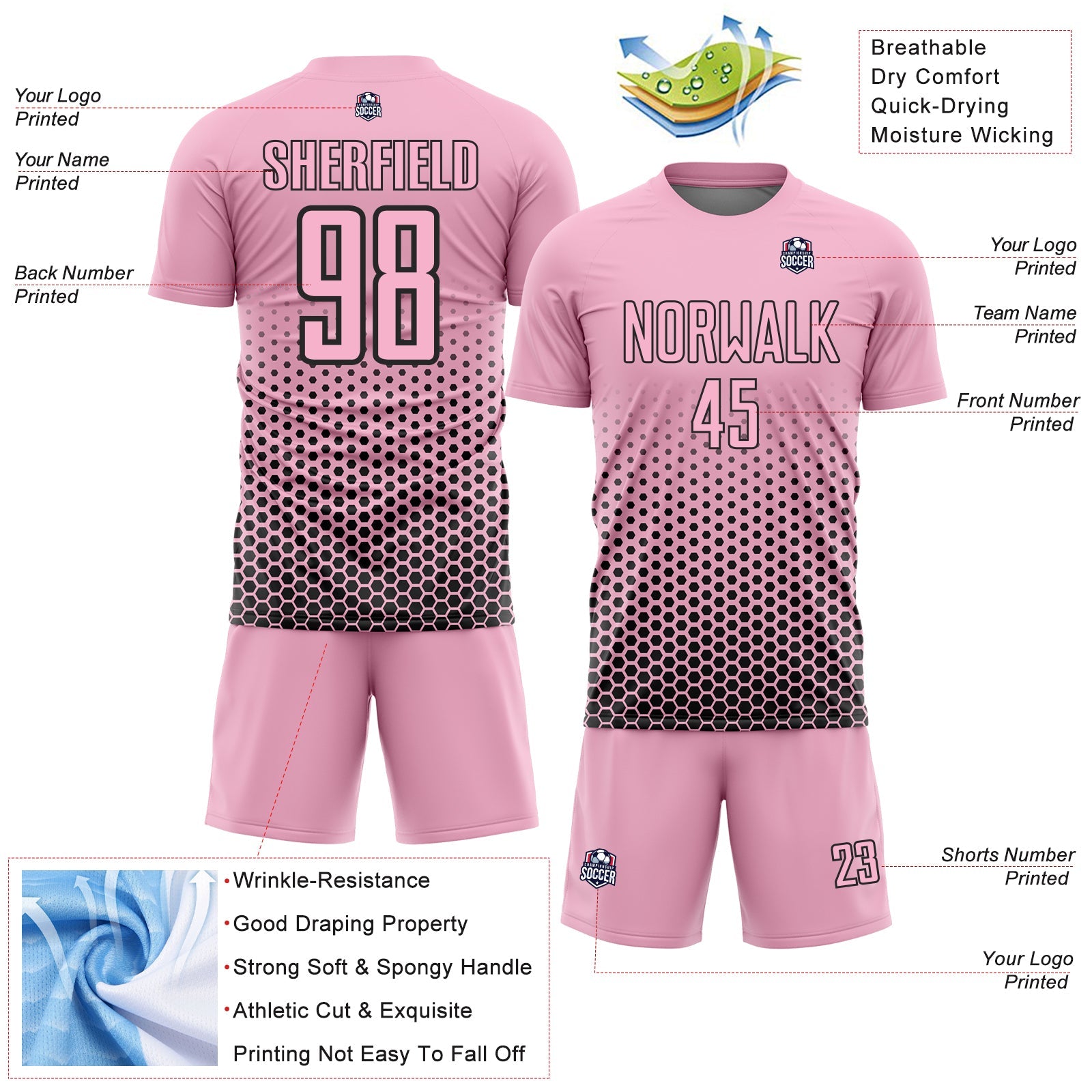 Custom Light Pink-Black Geometric Hexagonal Dot Gradient Sublimation Soccer Uniform Jersey view 4