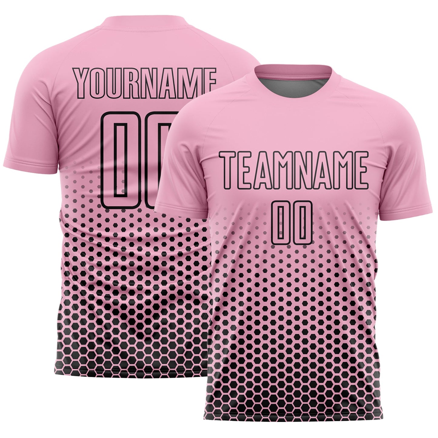 Custom Light Pink-Black Geometric Hexagonal Dot Gradient Sublimation Soccer Uniform Jersey - Main View