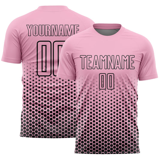 Custom Light Pink-Black Geometric Hexagonal Dot Gradient Sublimation Soccer Uniform Jersey - Main View