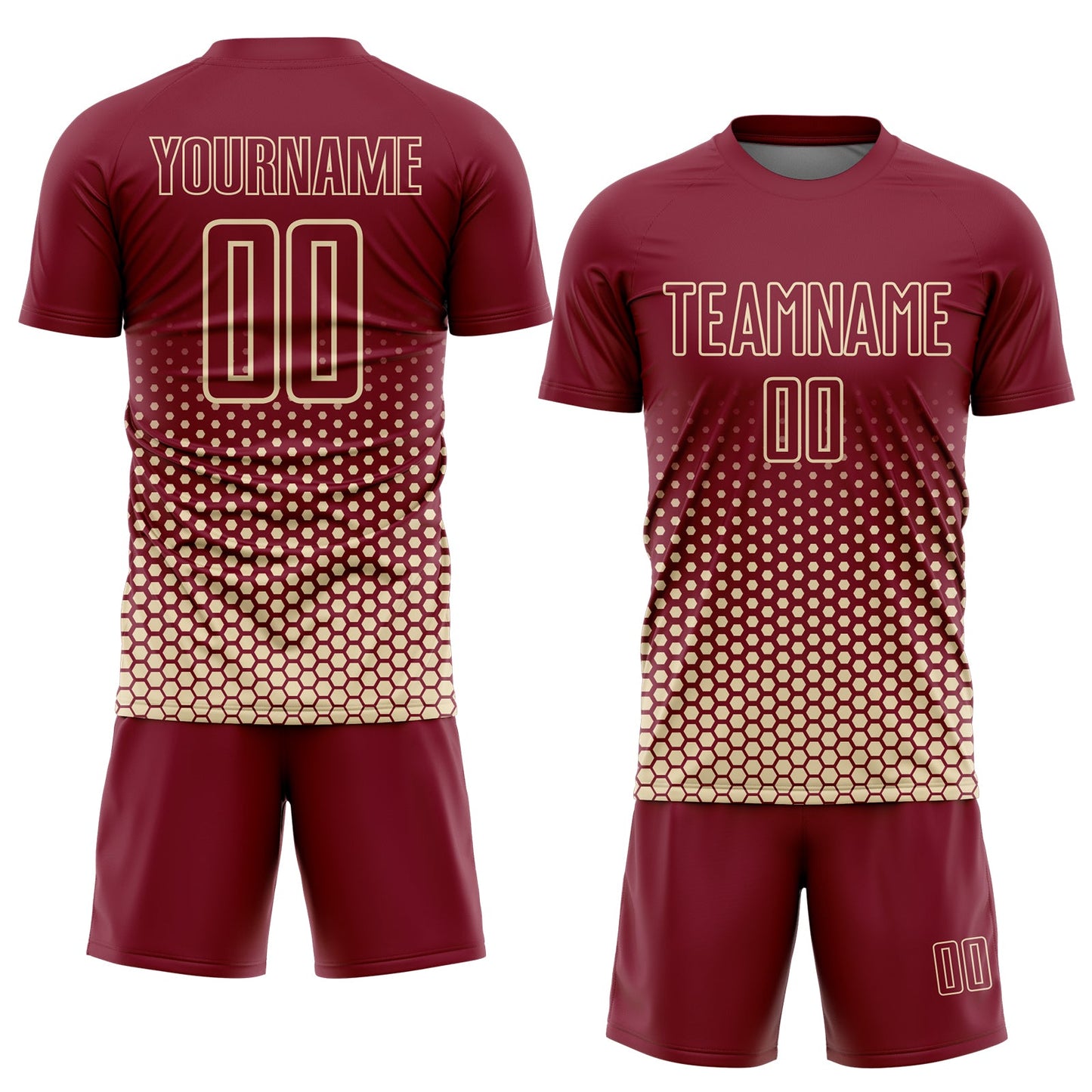 Custom Crimson-Cream Geometric Hexagonal Dot Gradient Sublimation Soccer Uniform Jersey view 2