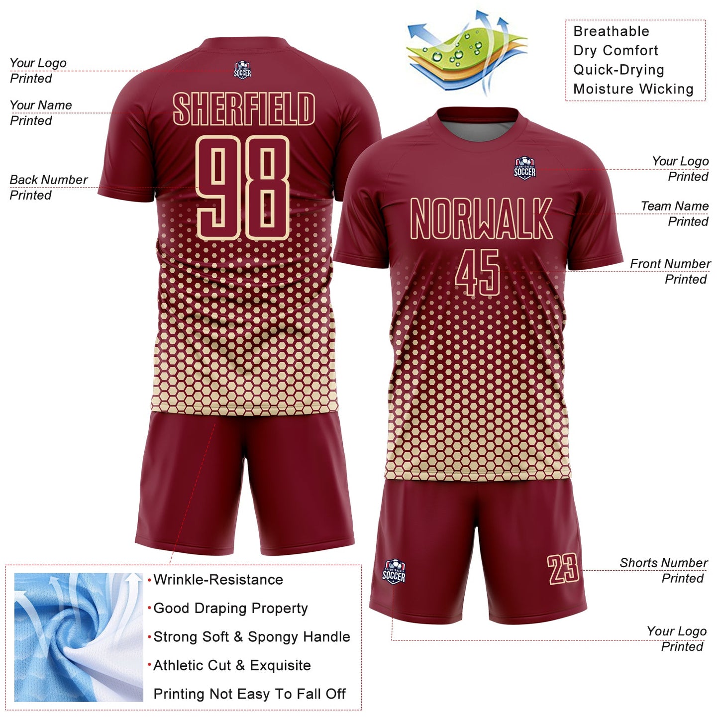 Custom Crimson-Cream Geometric Hexagonal Dot Gradient Sublimation Soccer Uniform Jersey view 4