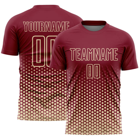 Custom Crimson-Cream Geometric Hexagonal Dot Gradient Sublimation Soccer Uniform Jersey - Main View