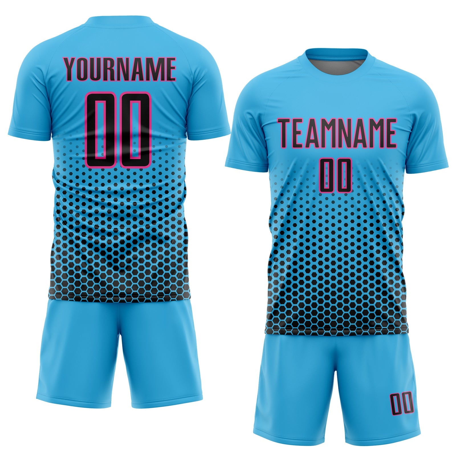 Custom Sky Blue Black-Pink Geometric Hexagonal Dot Gradient Sublimation Soccer Uniform Jersey view 2