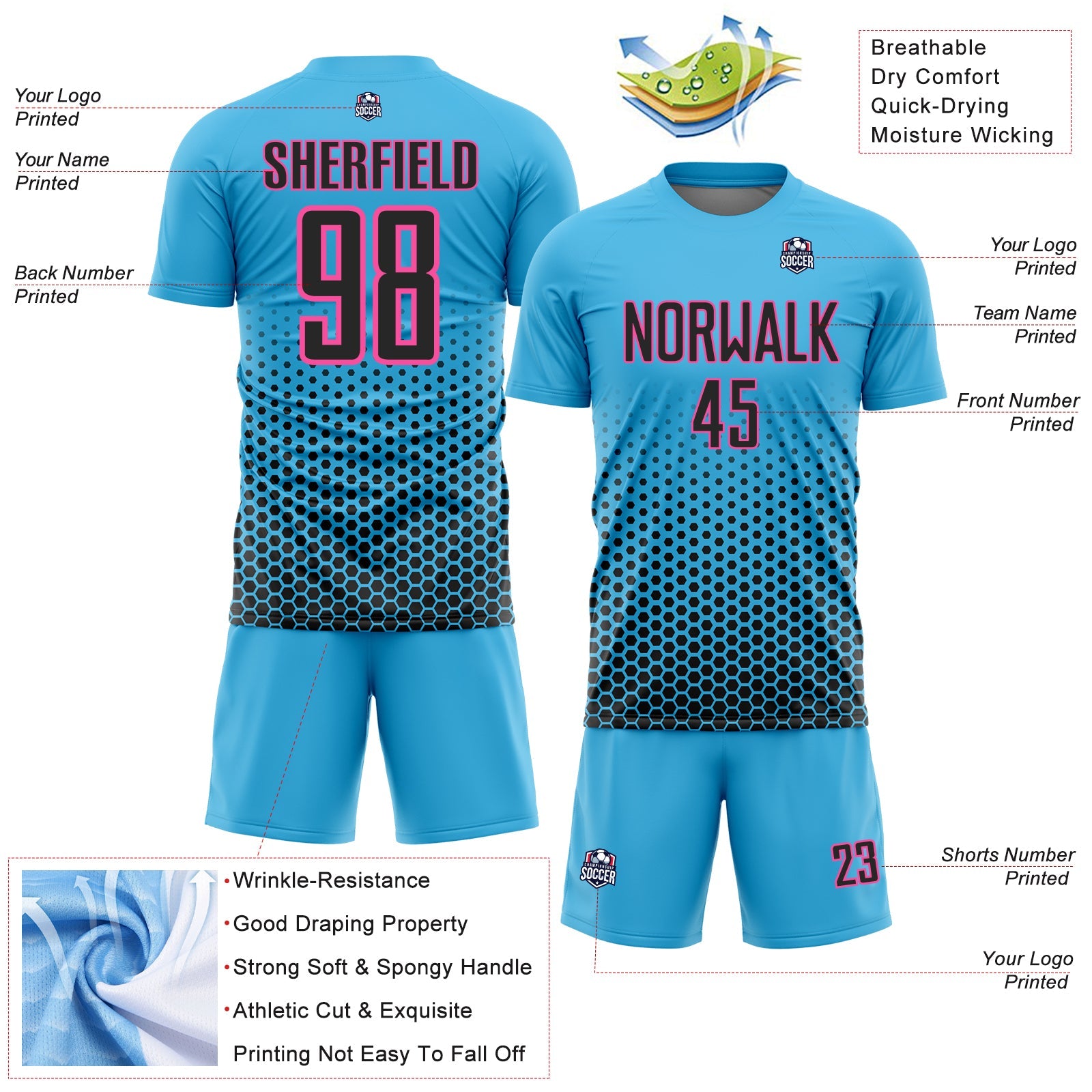 Custom Sky Blue Black-Pink Geometric Hexagonal Dot Gradient Sublimation Soccer Uniform Jersey view 4