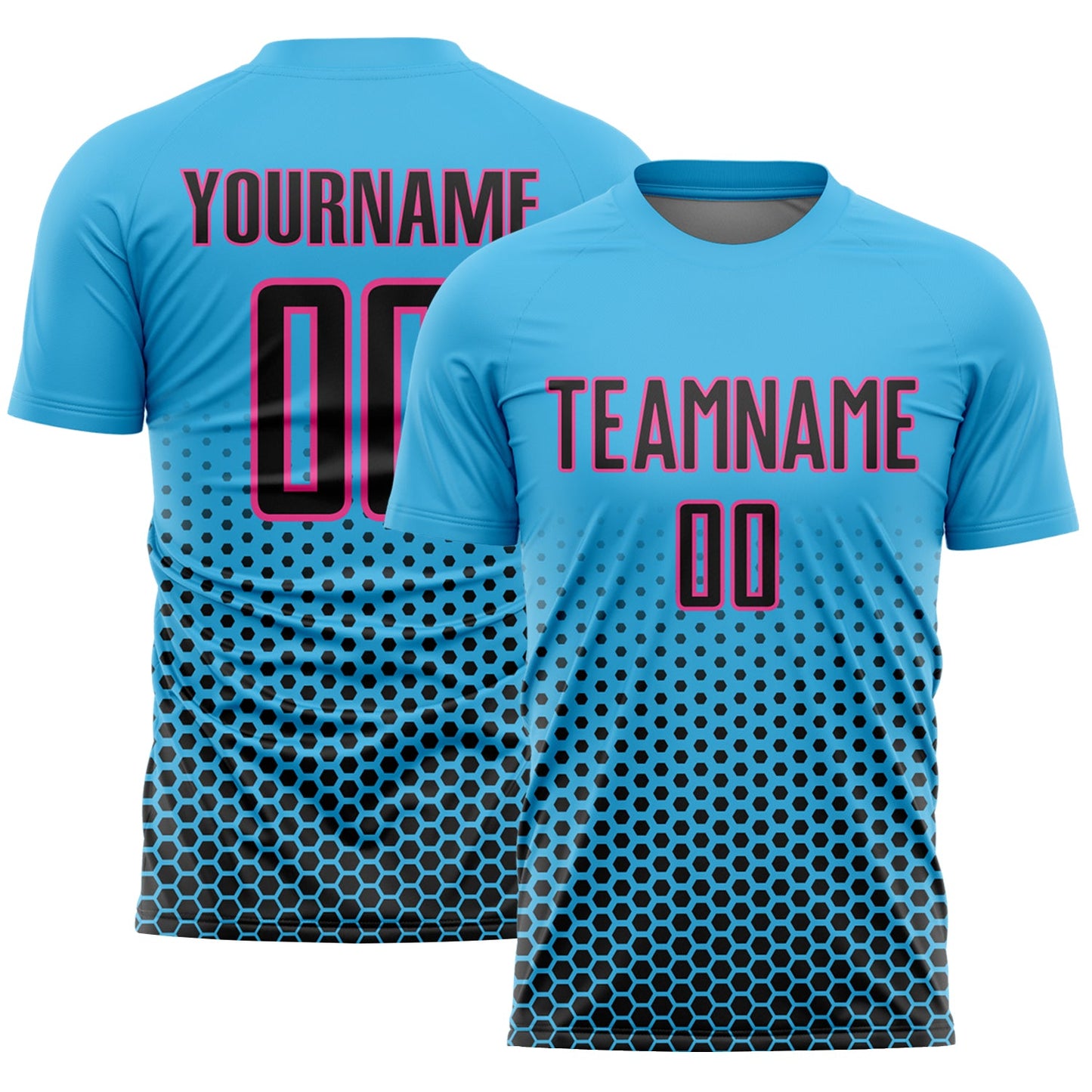Custom Sky Blue Black-Pink Geometric Hexagonal Dot Gradient Sublimation Soccer Uniform Jersey - Main View