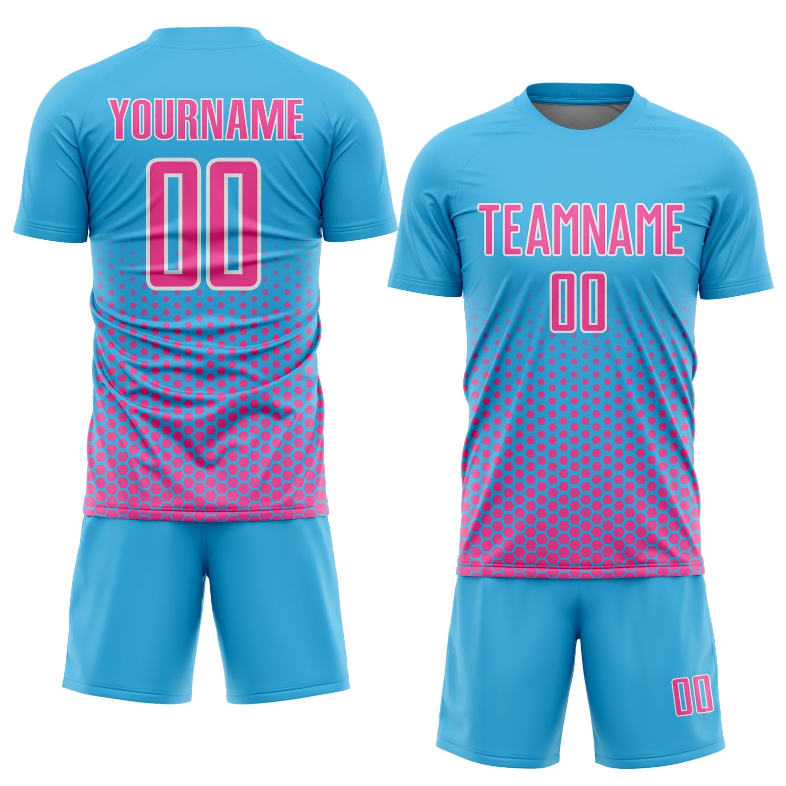 Custom Sky Blue Pink-White Geometric Hexagonal Dot Gradient Sublimation Soccer Uniform Jersey view 2