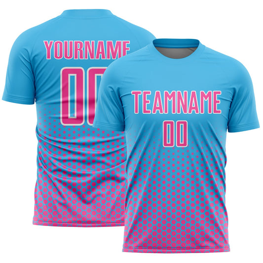 Custom Sky Blue Pink-White Geometric Hexagonal Dot Gradient Sublimation Soccer Uniform Jersey - Main View