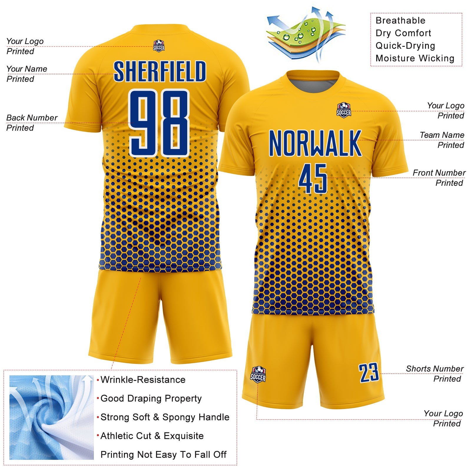 Custom Gold Royal-White Geometric Hexagonal Dot Gradient Sublimation Soccer Uniform Jersey view 4