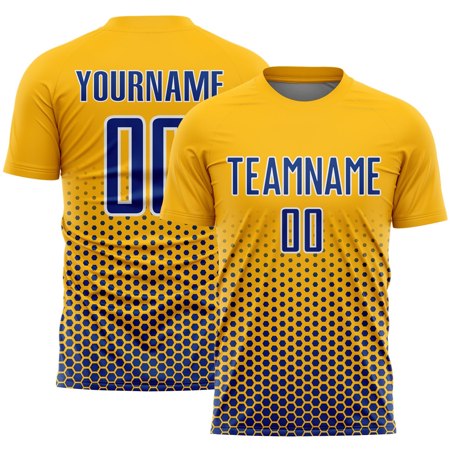 Custom Gold Royal-White Geometric Hexagonal Dot Gradient Sublimation Soccer Uniform Jersey - Main View