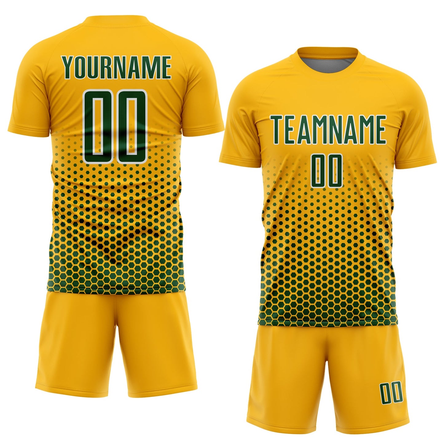 Custom Gold Green-White Geometric Hexagonal Dot Gradient Sublimation Soccer Uniform Jersey view 2