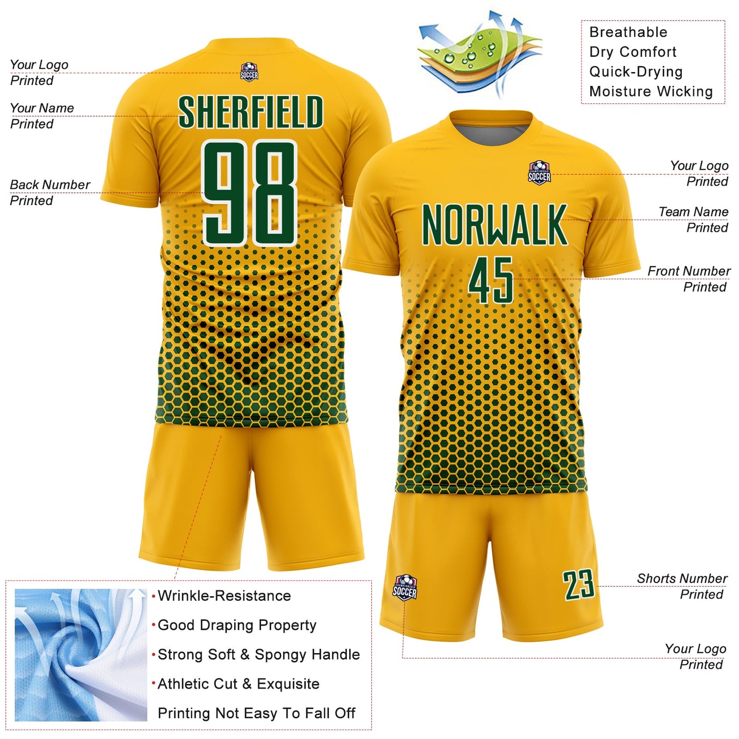 Custom Gold Green-White Geometric Hexagonal Dot Gradient Sublimation Soccer Uniform Jersey view 4