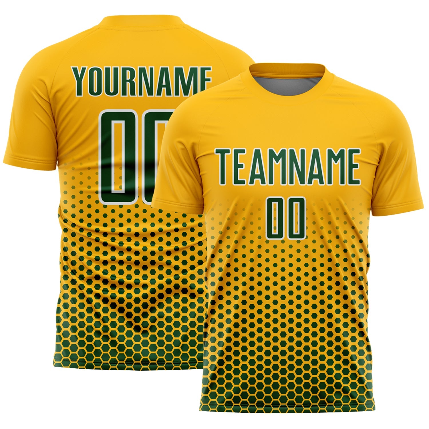 Custom Gold Green-White Geometric Hexagonal Dot Gradient Sublimation Soccer Uniform Jersey - Main View