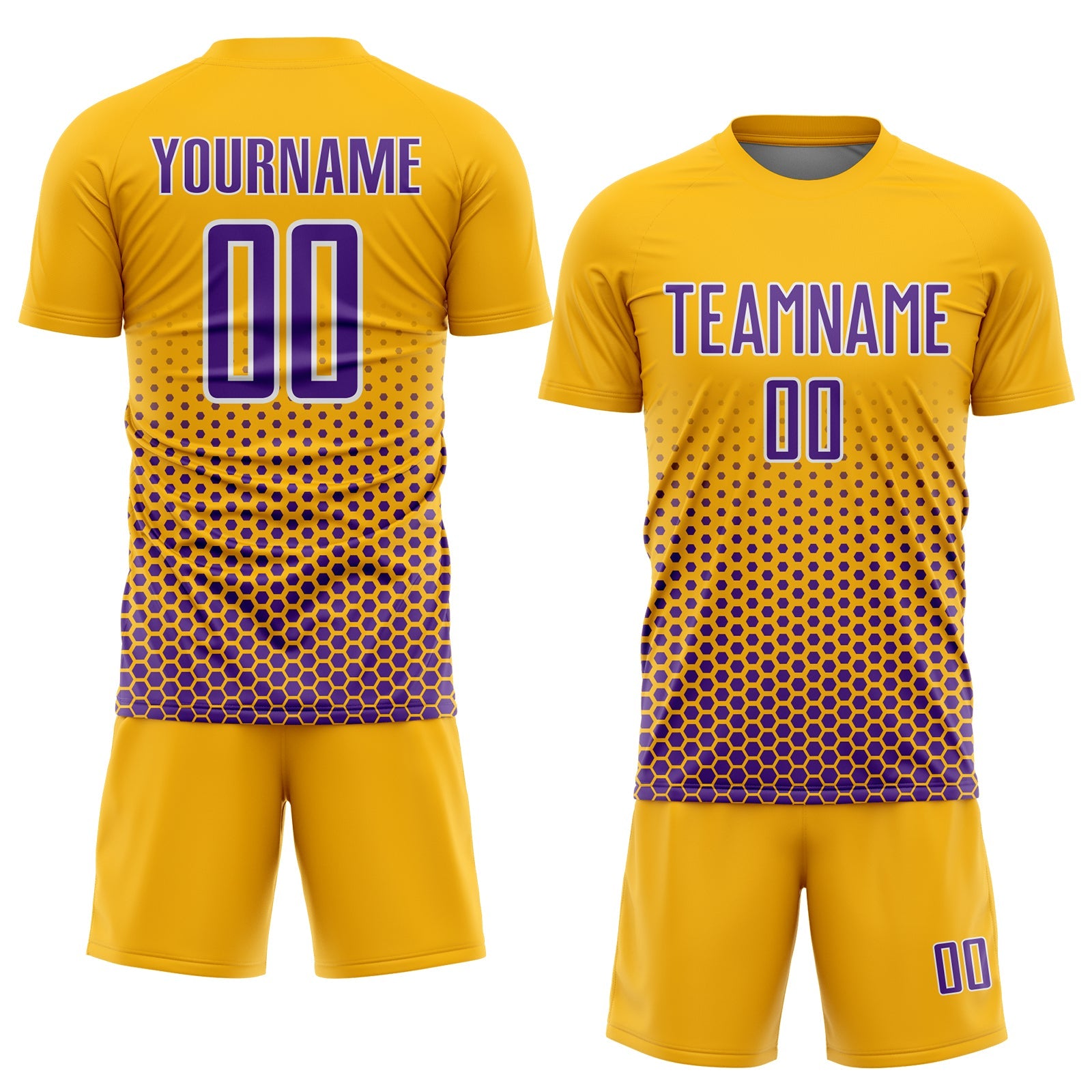 Custom Gold Purple-White Geometric Hexagonal Dot Gradient Sublimation Soccer Uniform Jersey view 2