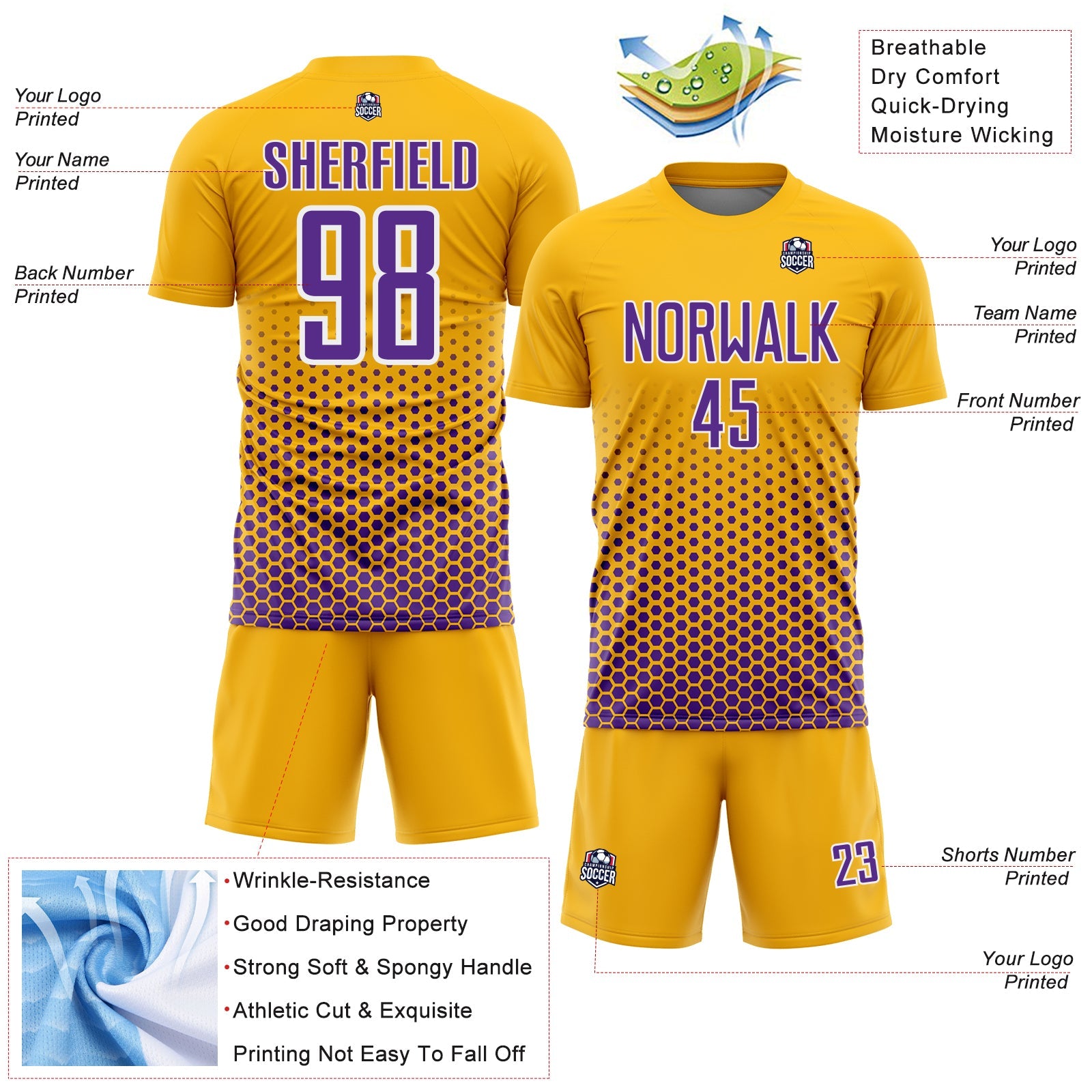 Custom Gold Purple-White Geometric Hexagonal Dot Gradient Sublimation Soccer Uniform Jersey view 4