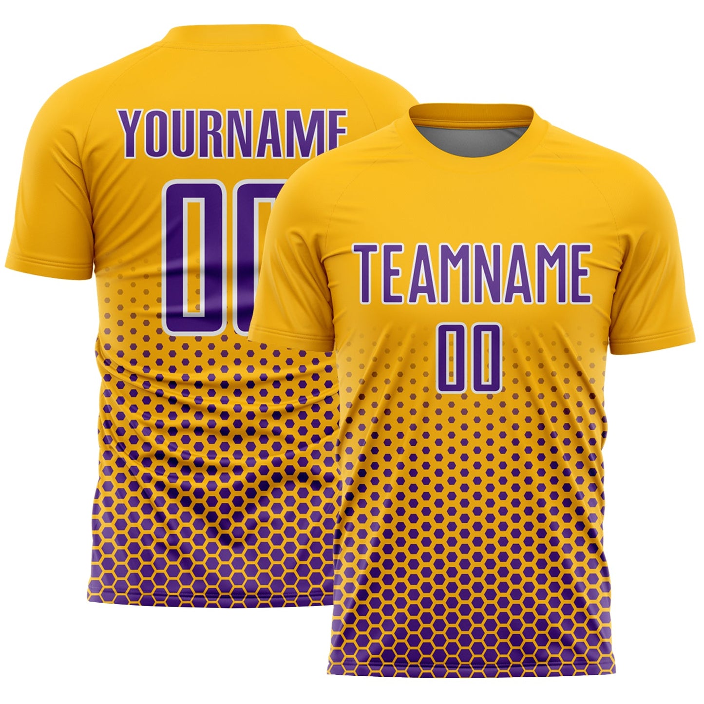 Custom Gold Purple-White Geometric Hexagonal Dot Gradient Sublimation Soccer Uniform Jersey - Main View