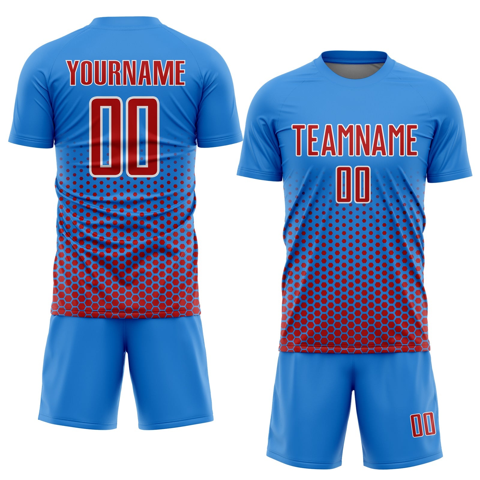 Custom Powder Blue Red-White Geometric Hexagonal Dot Gradient Sublimation Soccer Uniform Jersey view 2