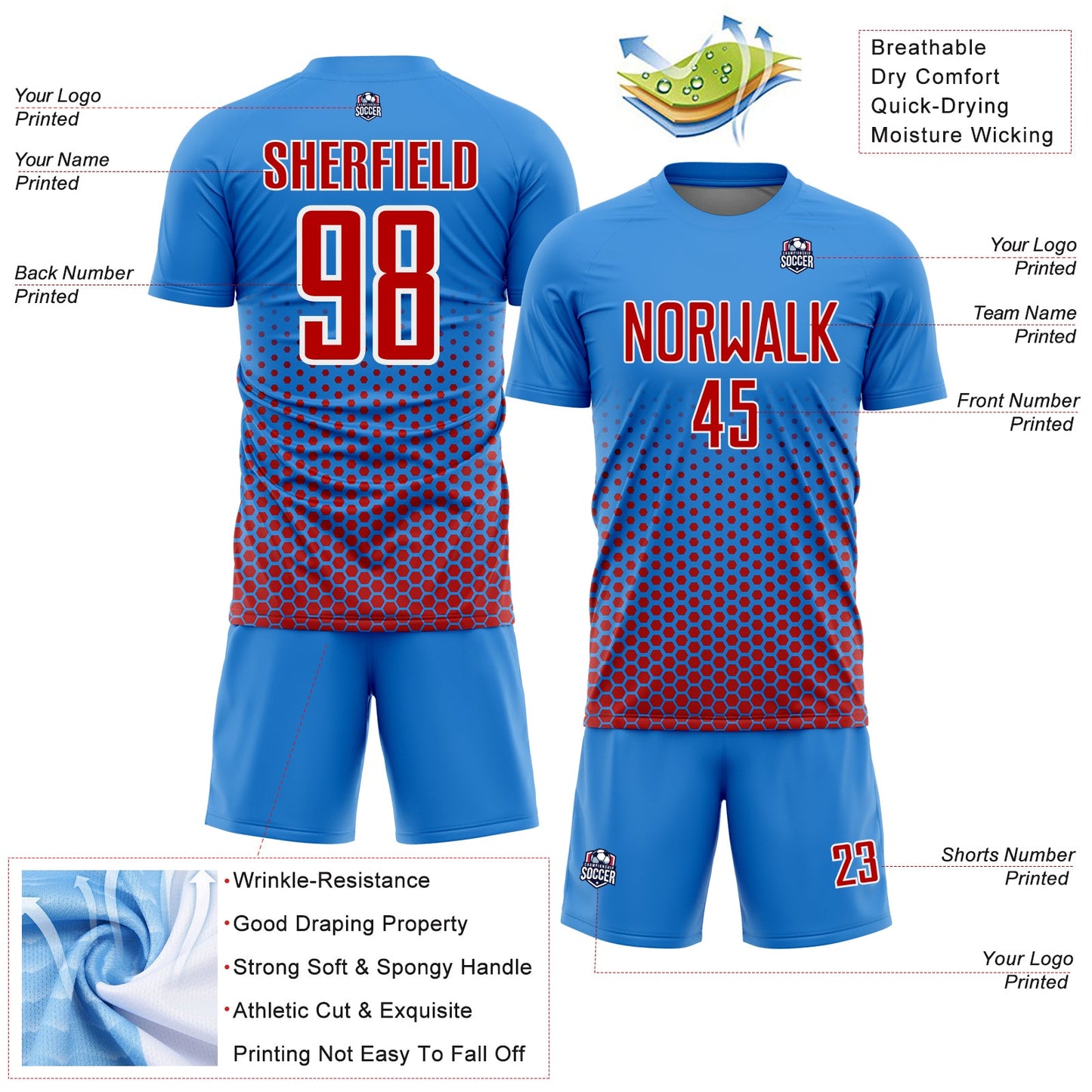 Custom Powder Blue Red-White Geometric Hexagonal Dot Gradient Sublimation Soccer Uniform Jersey view 4