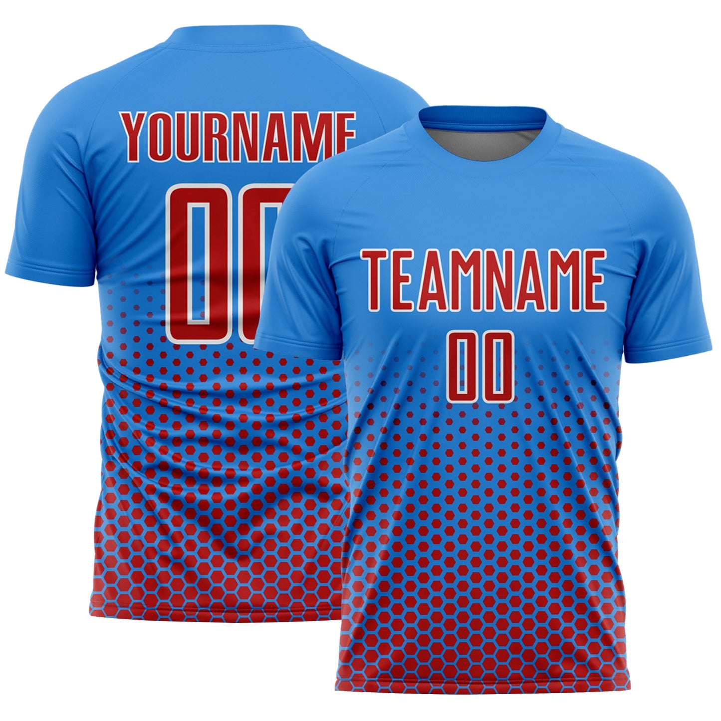 Custom Powder Blue Red-White Geometric Hexagonal Dot Gradient Sublimation Soccer Uniform Jersey - Main View