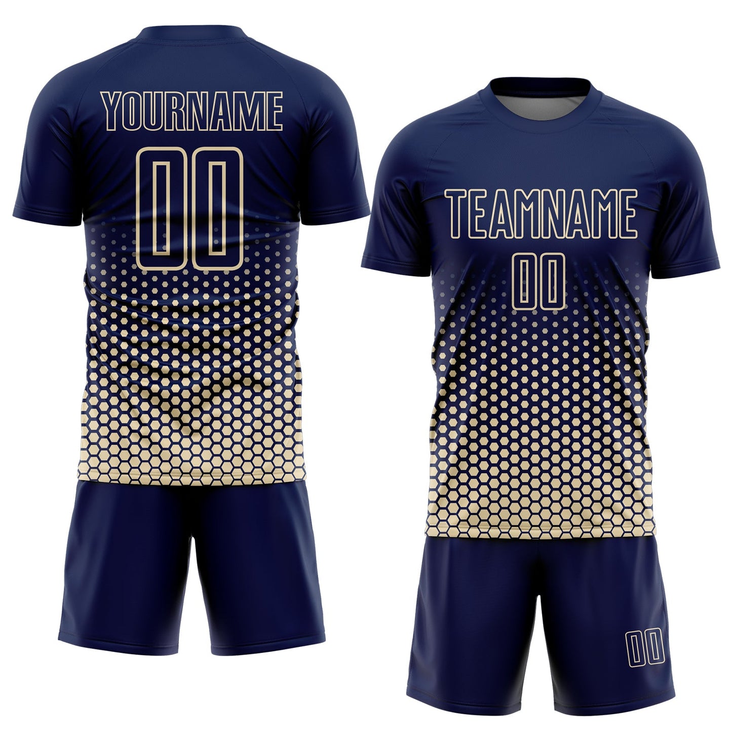 Custom Navy-Cream Geometric Hexagonal Dot Gradient Sublimation Soccer Uniform Jersey view 2