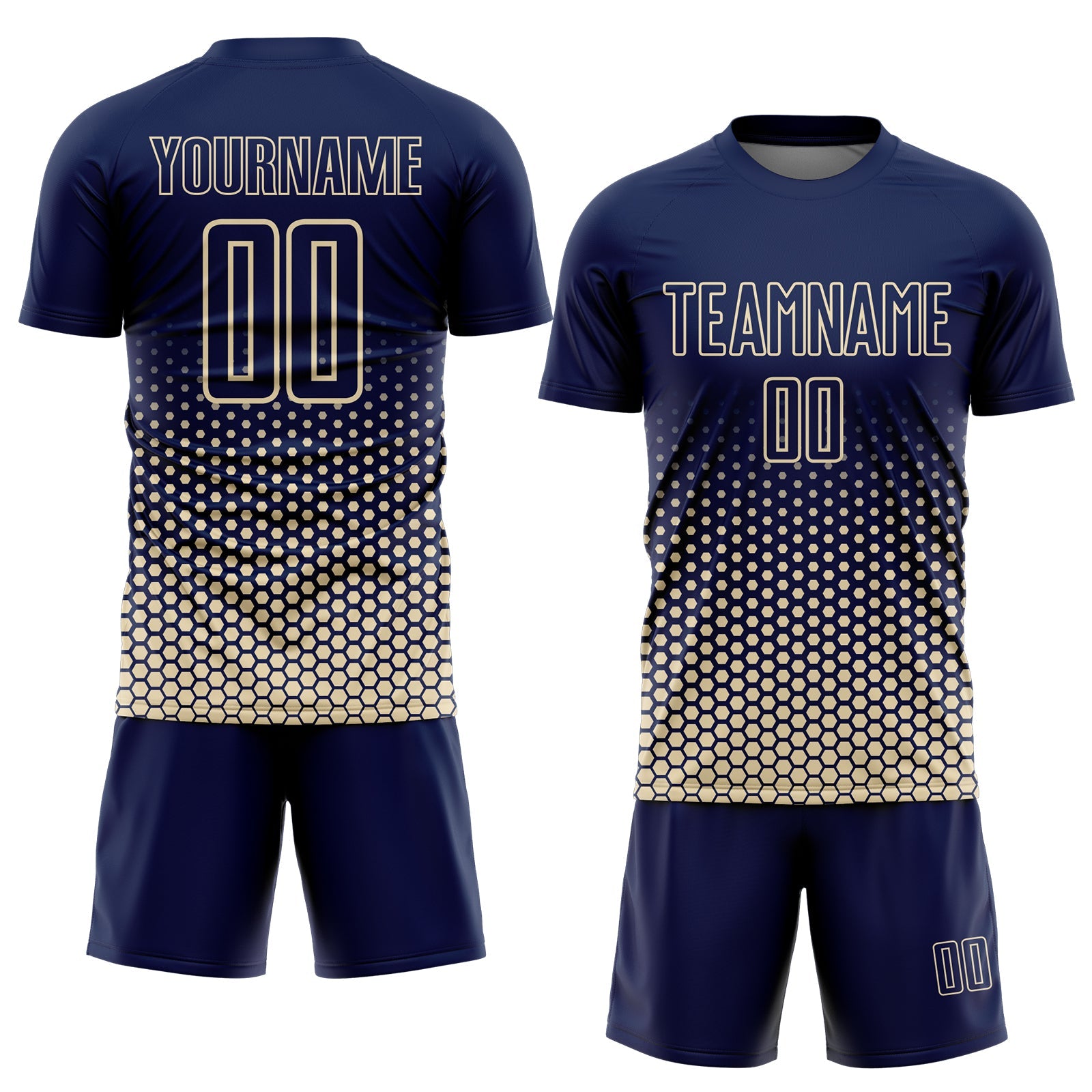 Custom Navy-Cream Geometric Hexagonal Dot Gradient Sublimation Soccer Uniform Jersey view 2