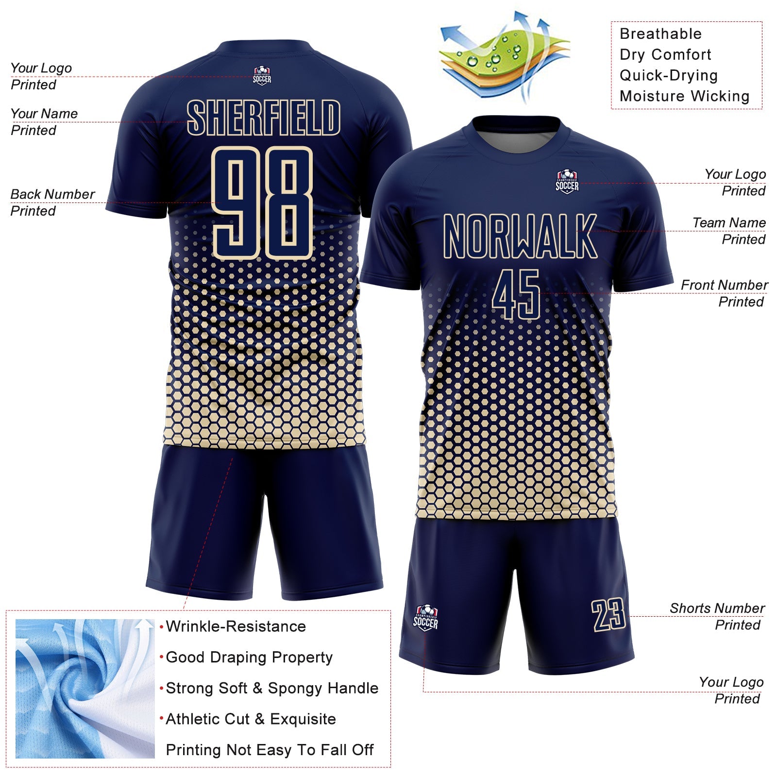 Custom Navy-Cream Geometric Hexagonal Dot Gradient Sublimation Soccer Uniform Jersey view 4