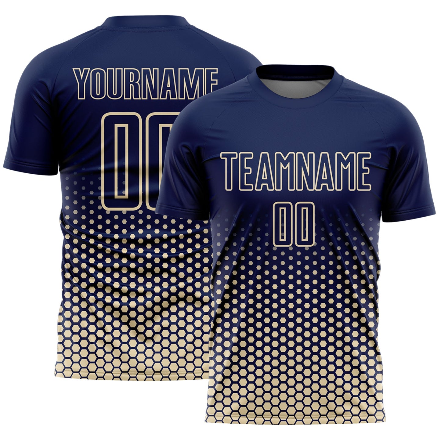 Custom Navy-Cream Geometric Hexagonal Dot Gradient Sublimation Soccer Uniform Jersey - Main View