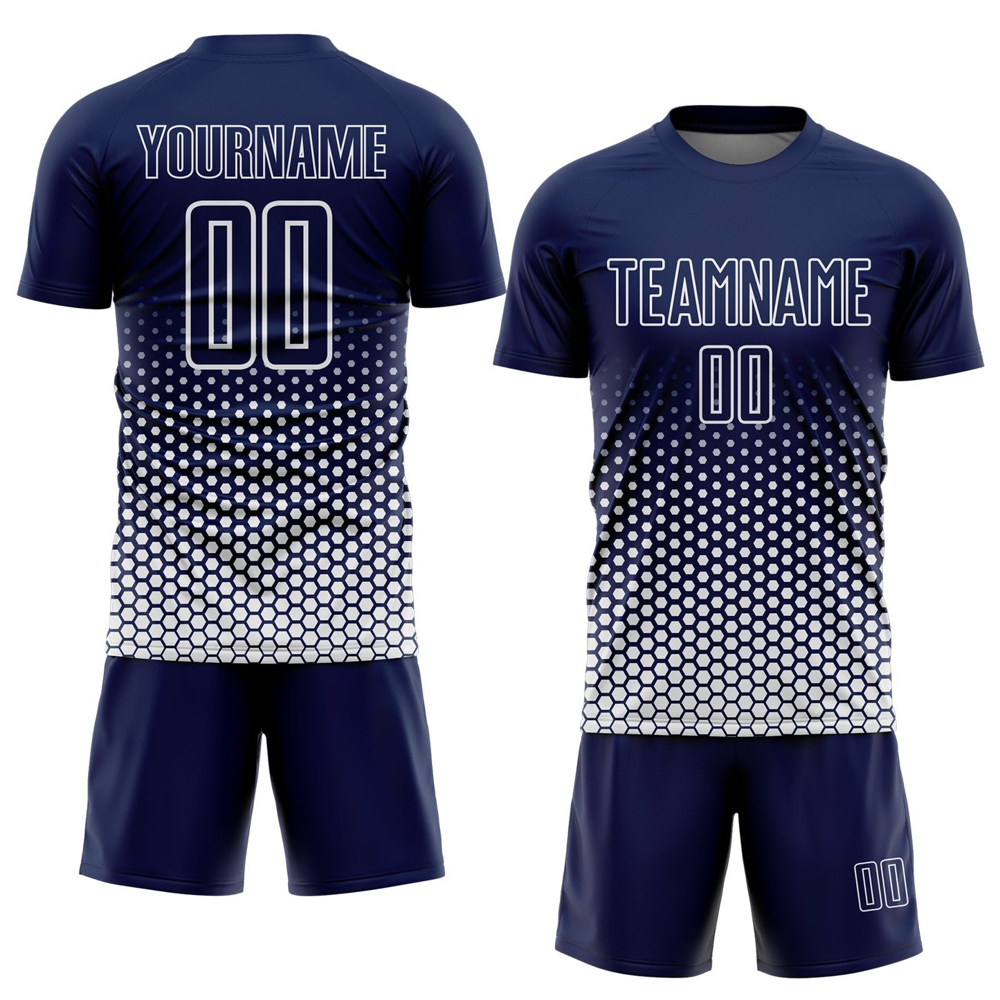 Custom Navy-White Geometric Hexagonal Dot Gradient Sublimation Soccer Uniform Jersey view 2