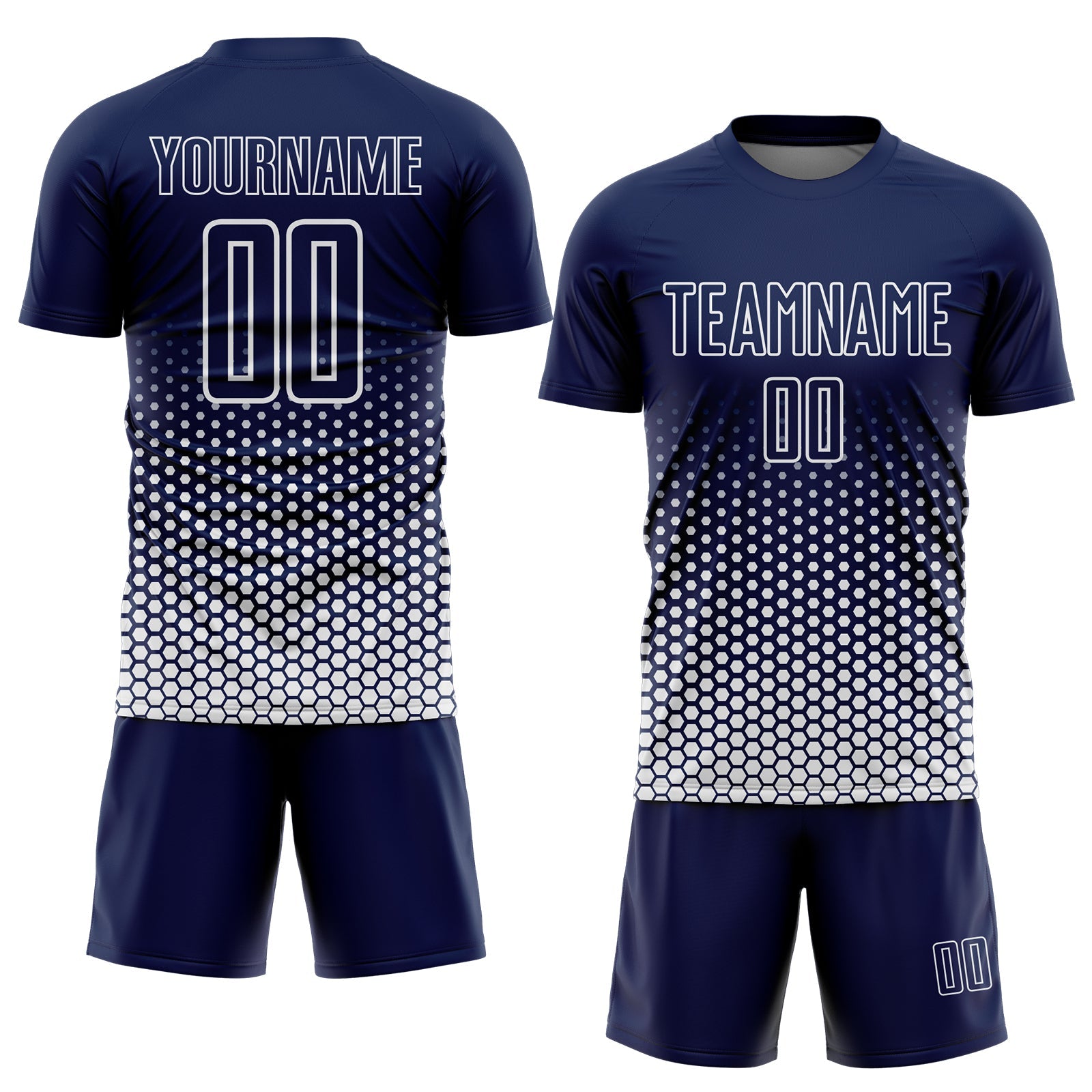 Custom Navy-White Geometric Hexagonal Dot Gradient Sublimation Soccer Uniform Jersey view 2