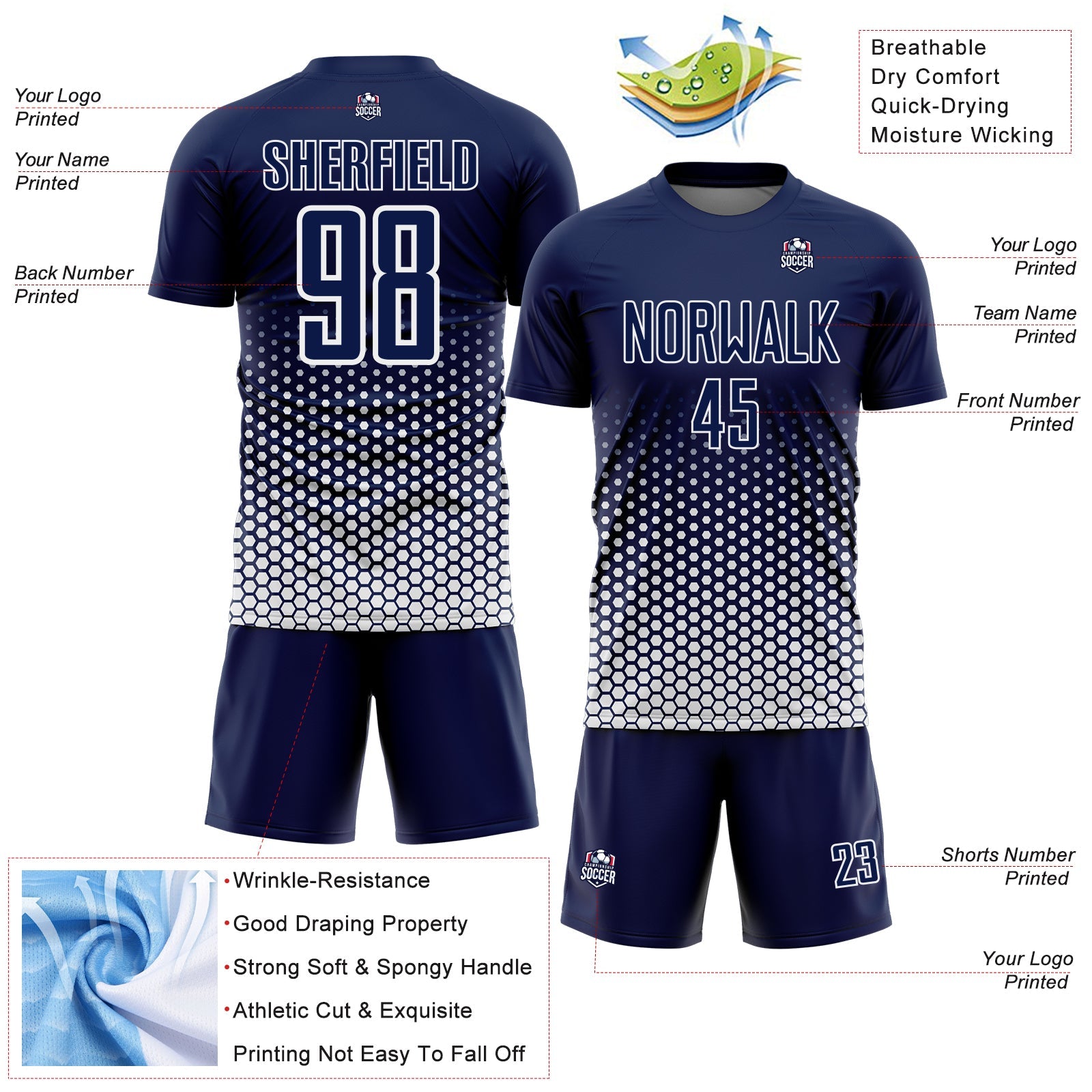 Custom Navy-White Geometric Hexagonal Dot Gradient Sublimation Soccer Uniform Jersey view 4