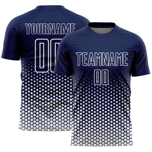 Custom Navy-White Geometric Hexagonal Dot Gradient Sublimation Soccer Uniform Jersey - Main View