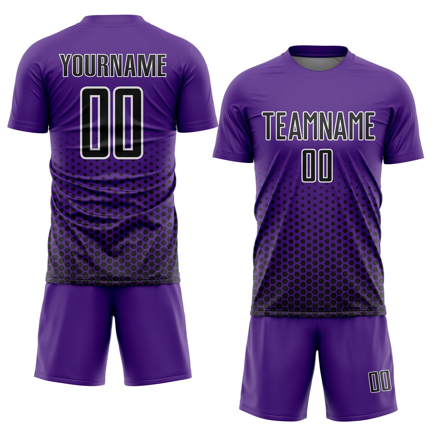 Custom Purple Black-White Geometric Hexagonal Dot Gradient Sublimation Soccer Uniform Jersey view 2