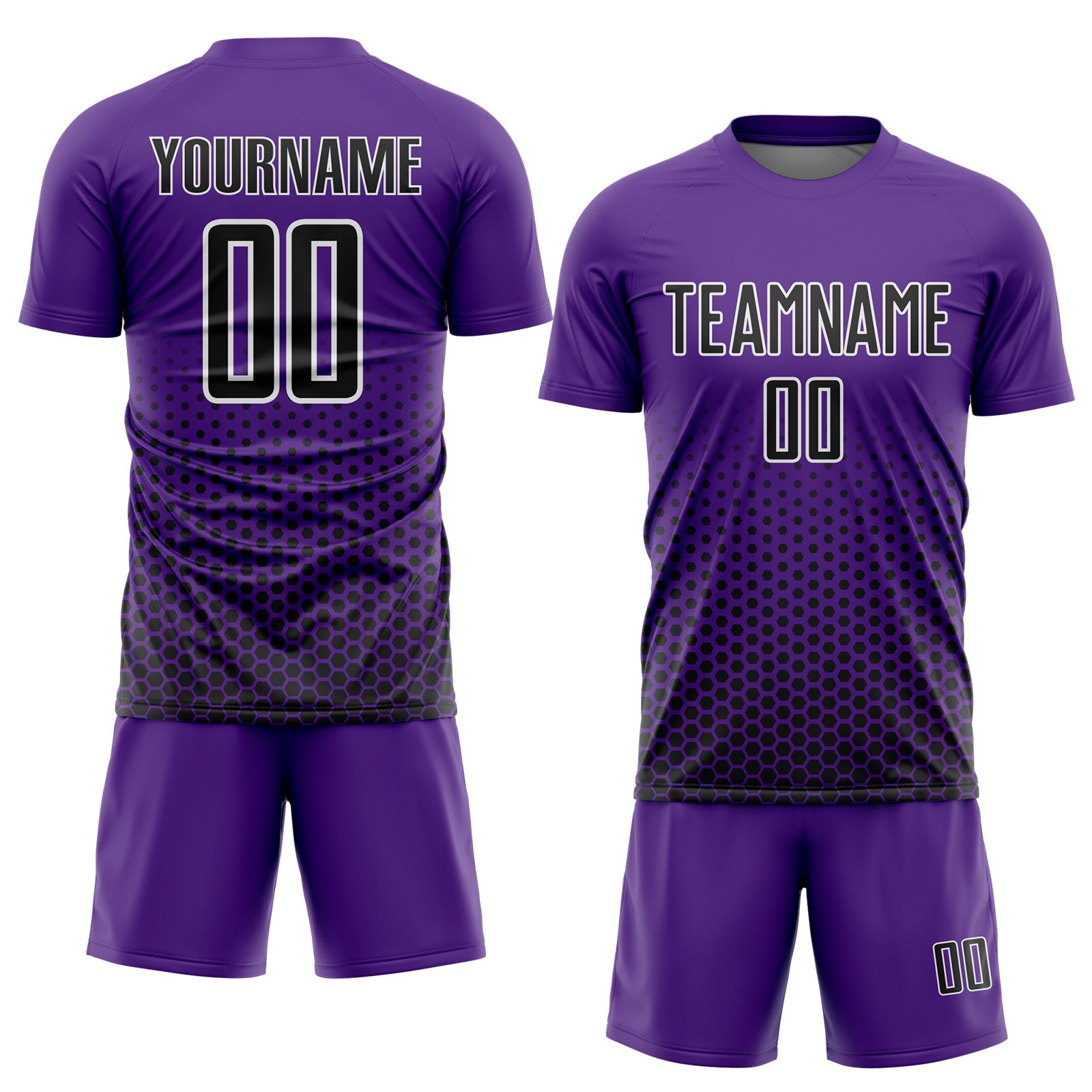 Custom Purple Black-White Geometric Hexagonal Dot Gradient Sublimation Soccer Uniform Jersey view 2