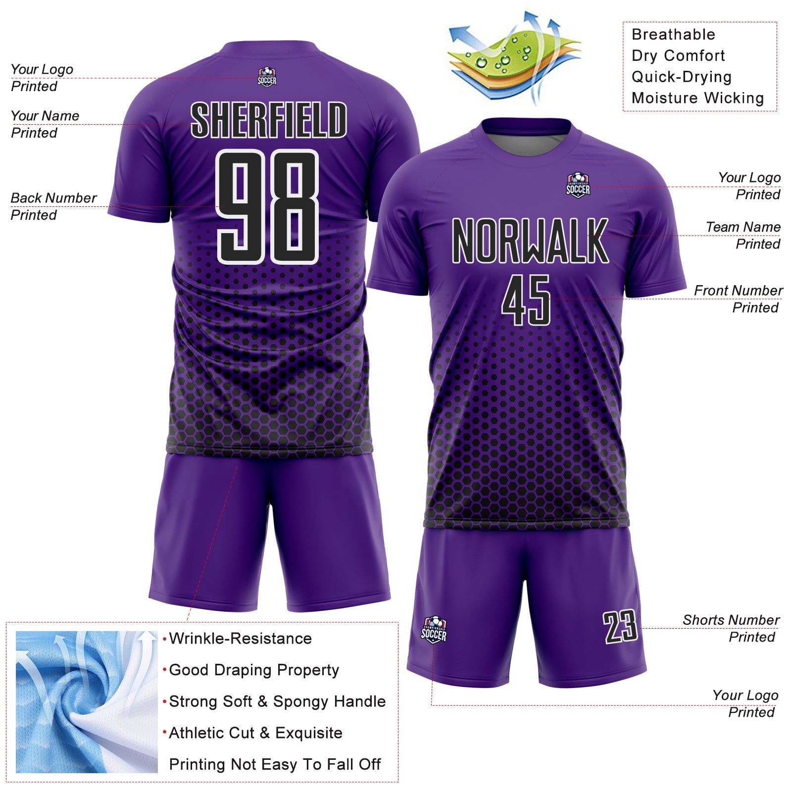 Custom Purple Black-White Geometric Hexagonal Dot Gradient Sublimation Soccer Uniform Jersey view 4